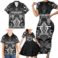 Personalized All Black Family Matching Short Sleeve Bodycon Dress and Hawaiian Shirt New Zealand Rugby Mascot Maori DT02 - Polynesian Pride