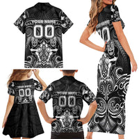 Personalized All Black Family Matching Short Sleeve Bodycon Dress and Hawaiian Shirt New Zealand Rugby Mascot Maori DT02 - Polynesian Pride