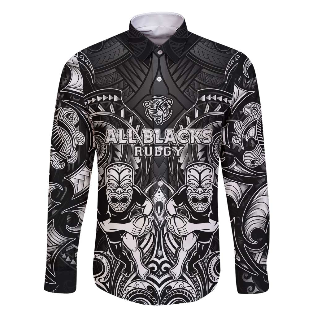 Personalized All Black Family Matching Short Sleeve Bodycon Dress and Hawaiian Shirt New Zealand Rugby Mascot Maori DT02 Dad's Shirt - Long Sleeve Black - Polynesian Pride