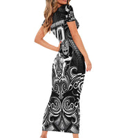 Personalized All Black Family Matching Short Sleeve Bodycon Dress and Hawaiian Shirt New Zealand Rugby Mascot Maori DT02 - Polynesian Pride