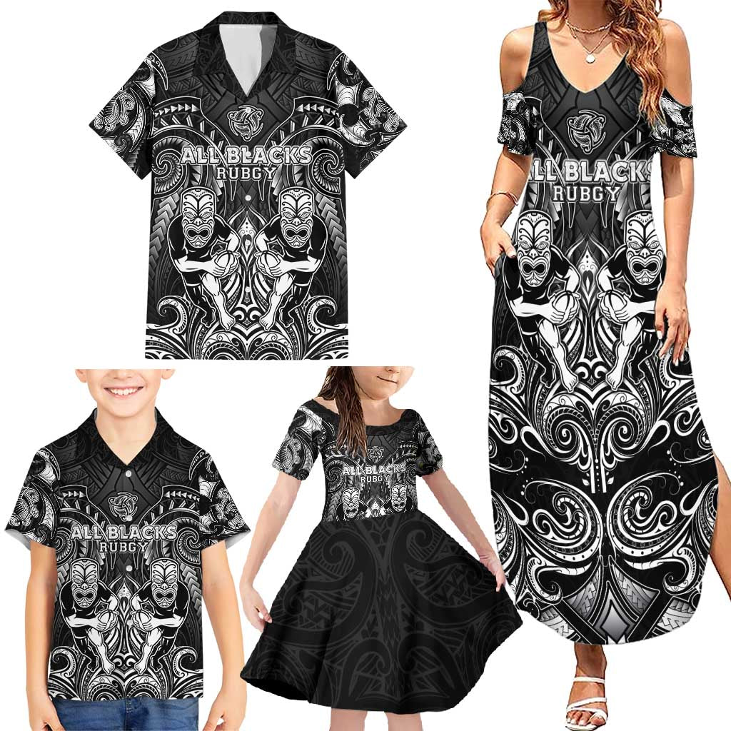 Personalized All Black Family Matching Summer Maxi Dress and Hawaiian Shirt New Zealand Rugby Mascot Maori DT02 - Polynesian Pride