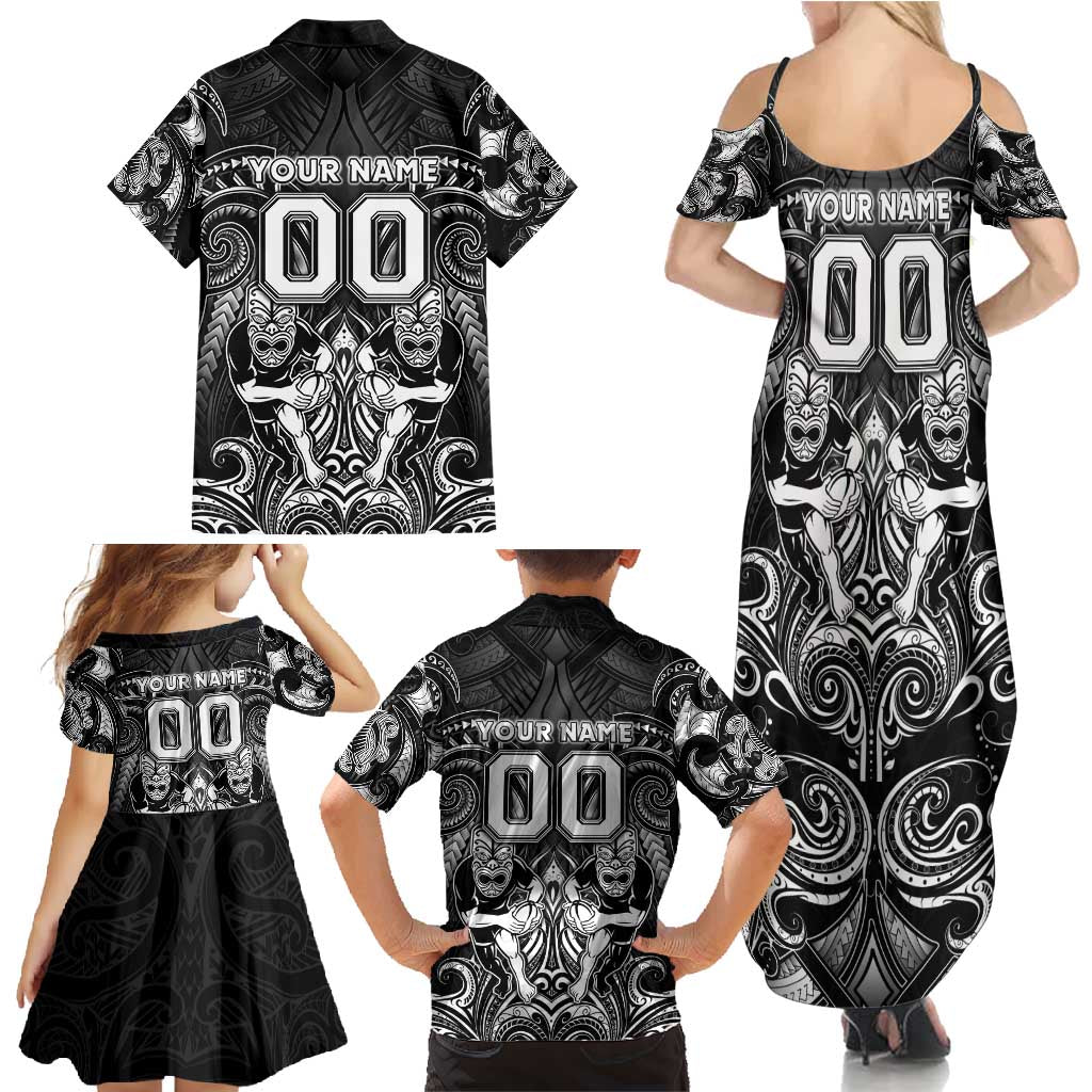 Personalized All Black Family Matching Summer Maxi Dress and Hawaiian Shirt New Zealand Rugby Mascot Maori DT02 - Polynesian Pride