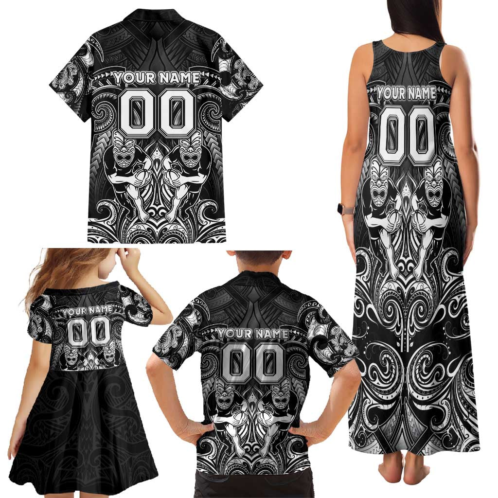 Personalized All Black Family Matching Tank Maxi Dress and Hawaiian Shirt New Zealand Rugby Mascot Maori DT02 - Polynesian Pride
