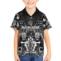 Personalized All Black Family Matching Tank Maxi Dress and Hawaiian Shirt New Zealand Rugby Mascot Maori DT02 Son's Shirt Black - Polynesian Pride