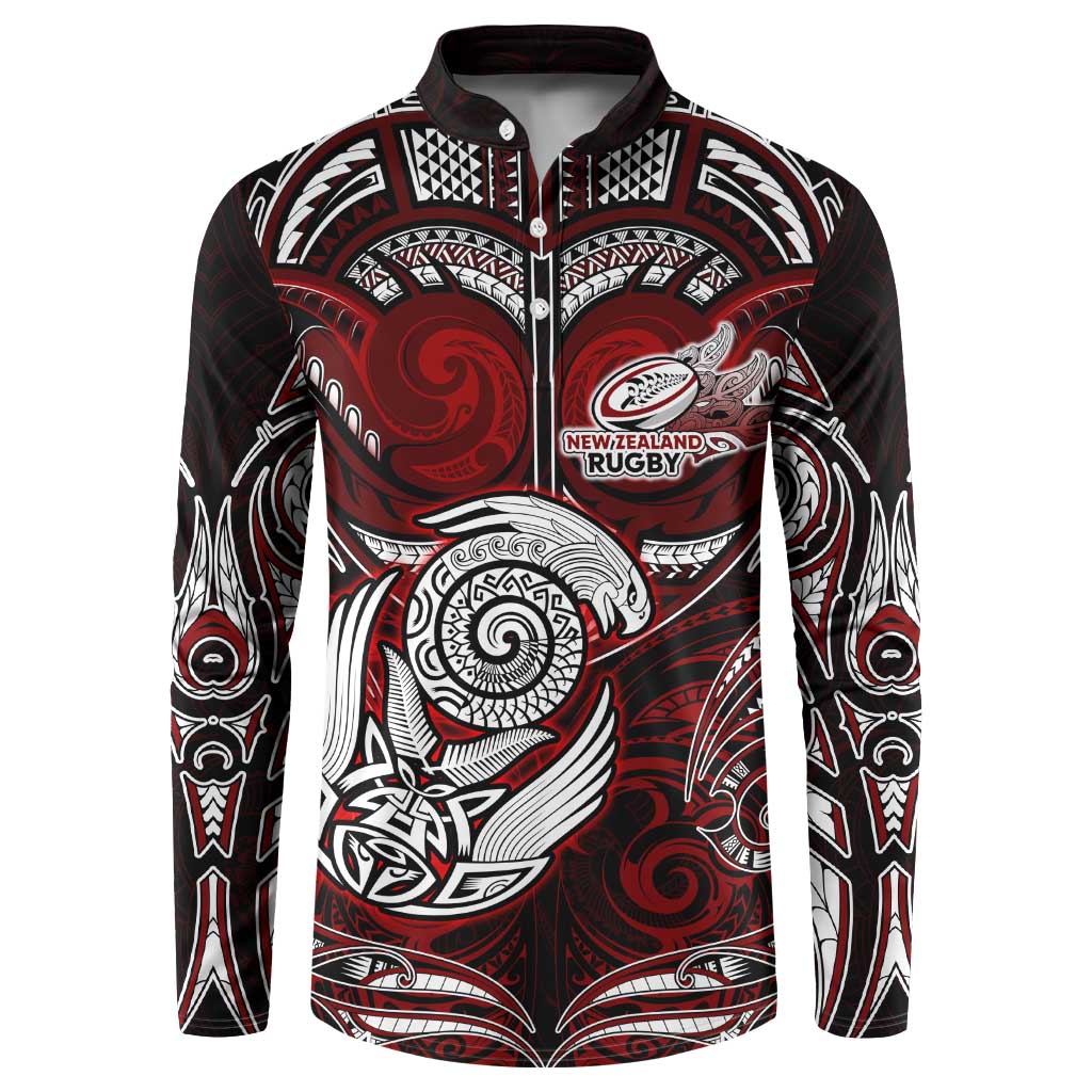 Personalized New Zealand Aotearoa Rugby Button Sweatshirt Maori Fern Tattoo Art DT02 Red - Polynesian Pride