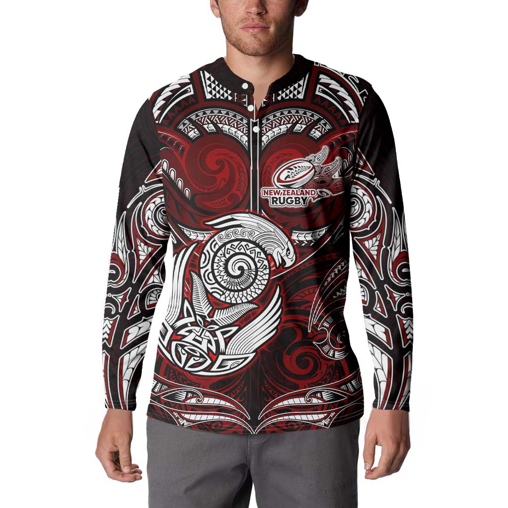 Personalized New Zealand Aotearoa Rugby Button Sweatshirt Maori Fern Tattoo Art DT02 - Polynesian Pride