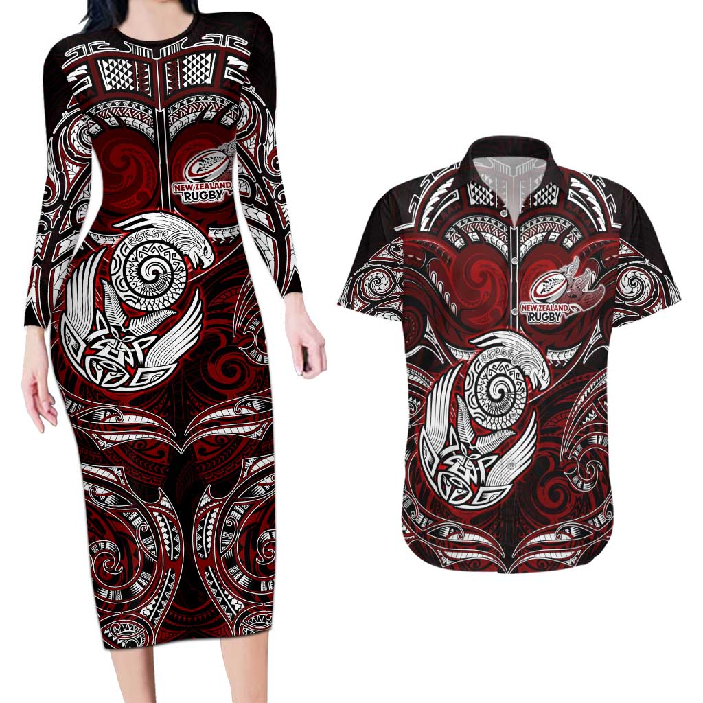 Personalized New Zealand Aotearoa Rugby Couples Matching Long Sleeve Bodycon Dress and Hawaiian Shirt Maori Fern Tattoo Art DT02 Red - Polynesian Pride