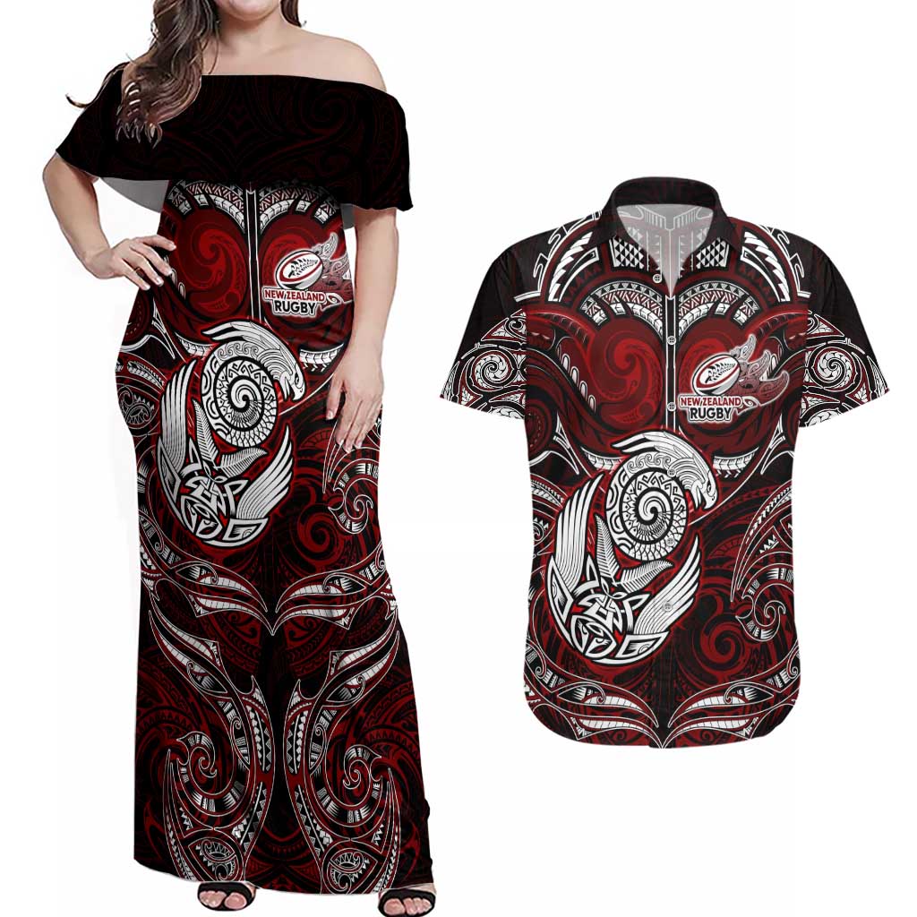 Personalized New Zealand Aotearoa Rugby Couples Matching Off Shoulder Maxi Dress and Hawaiian Shirt Maori Fern Tattoo Art DT02 Red - Polynesian Pride