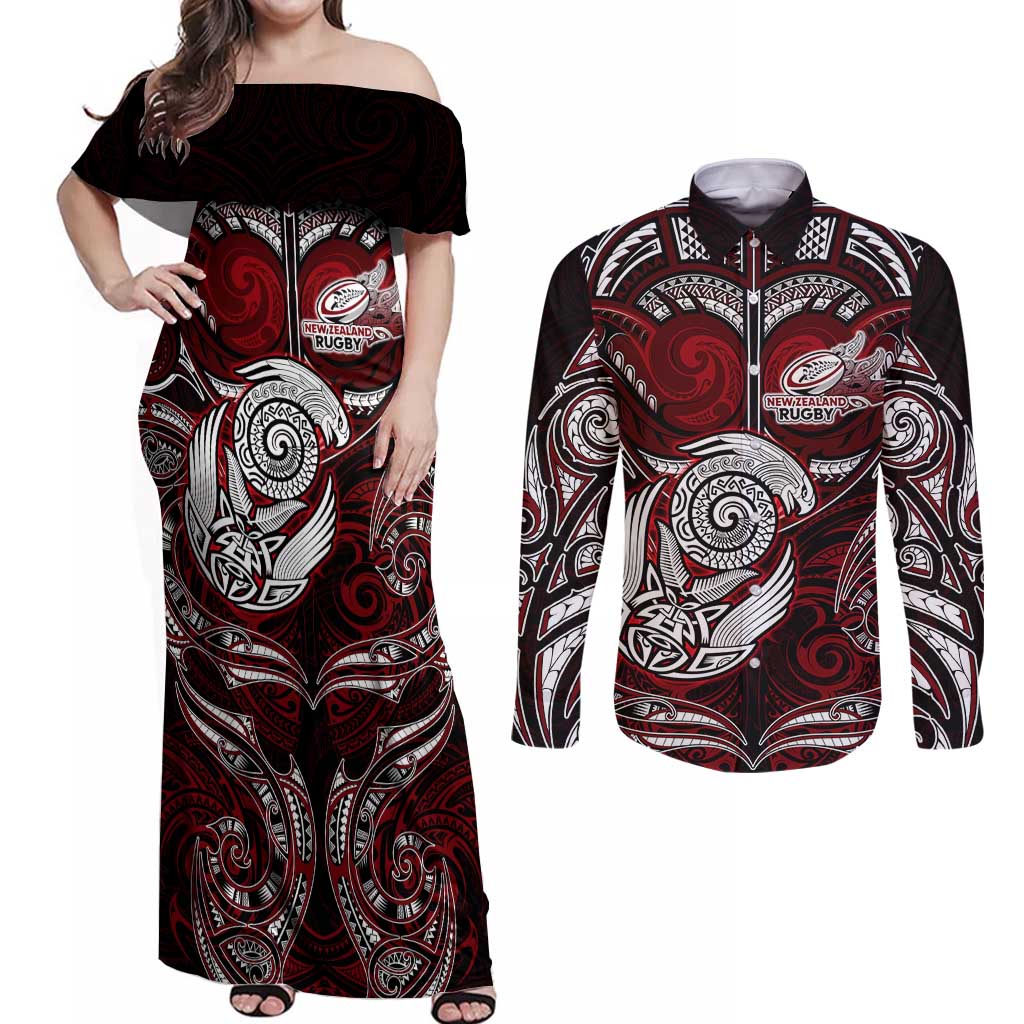 Personalized New Zealand Aotearoa Rugby Couples Matching Off Shoulder Maxi Dress and Long Sleeve Button Shirt Maori Fern Tattoo Art DT02 Red - Polynesian Pride