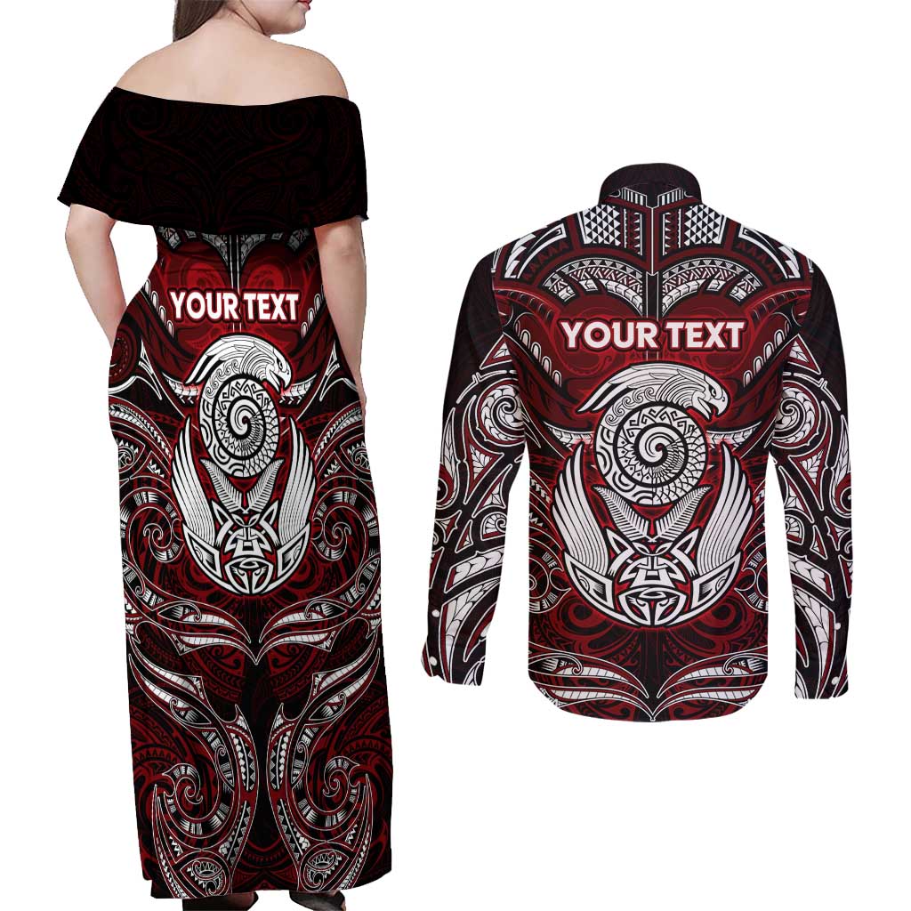Personalized New Zealand Aotearoa Rugby Couples Matching Off Shoulder Maxi Dress and Long Sleeve Button Shirt Maori Fern Tattoo Art DT02 - Polynesian Pride