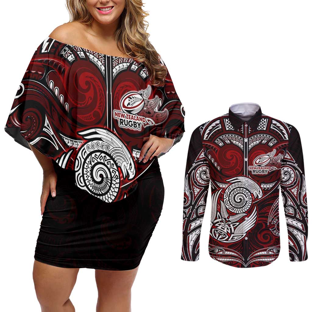 Personalized New Zealand Aotearoa Rugby Couples Matching Off Shoulder Short Dress and Long Sleeve Button Shirt Maori Fern Tattoo Art DT02 Red - Polynesian Pride