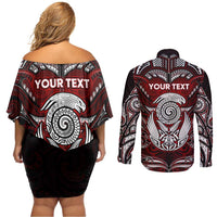Personalized New Zealand Aotearoa Rugby Couples Matching Off Shoulder Short Dress and Long Sleeve Button Shirt Maori Fern Tattoo Art DT02 - Polynesian Pride