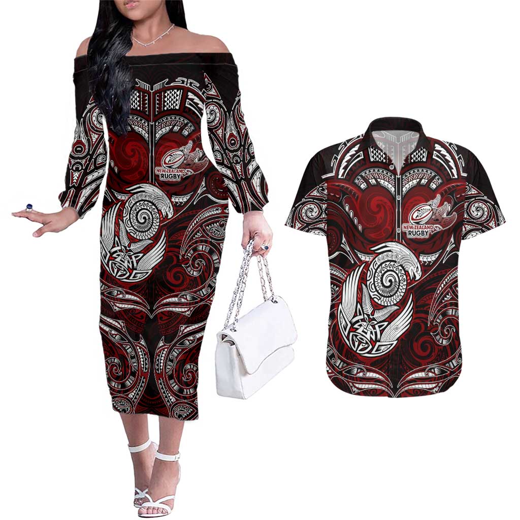 Personalized New Zealand Aotearoa Rugby Couples Matching Off The Shoulder Long Sleeve Dress and Hawaiian Shirt Maori Fern Tattoo Art DT02 Red - Polynesian Pride