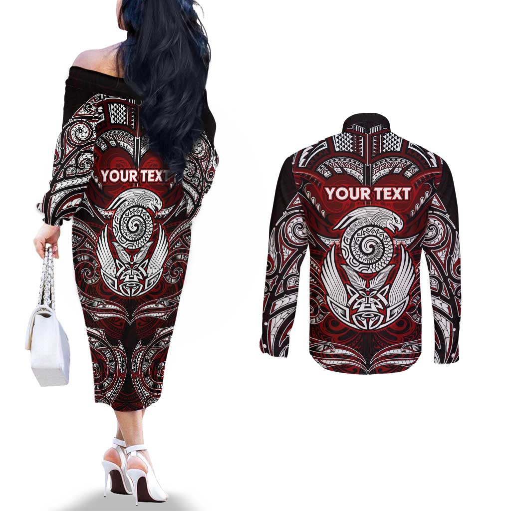 Personalized New Zealand Aotearoa Rugby Couples Matching Off The Shoulder Long Sleeve Dress and Long Sleeve Button Shirt Maori Fern Tattoo Art DT02 - Polynesian Pride