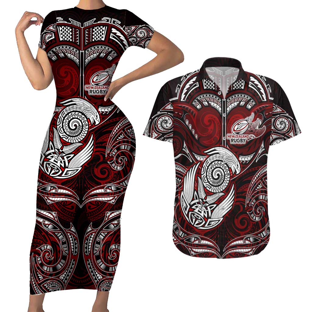 Personalized New Zealand Aotearoa Rugby Couples Matching Short Sleeve Bodycon Dress and Hawaiian Shirt Maori Fern Tattoo Art DT02 Red - Polynesian Pride