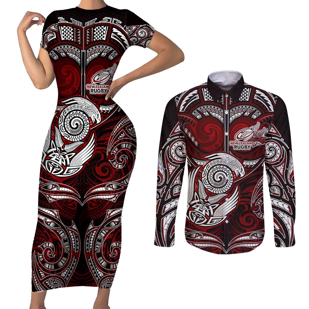 Personalized New Zealand Aotearoa Rugby Couples Matching Short Sleeve Bodycon Dress and Long Sleeve Button Shirt Maori Fern Tattoo Art DT02 Red - Polynesian Pride