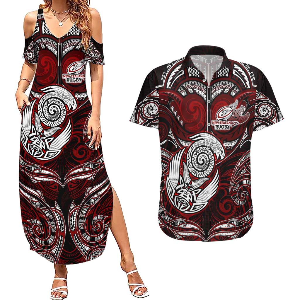 Personalized New Zealand Aotearoa Rugby Couples Matching Summer Maxi Dress and Hawaiian Shirt Maori Fern Tattoo Art DT02 Red - Polynesian Pride