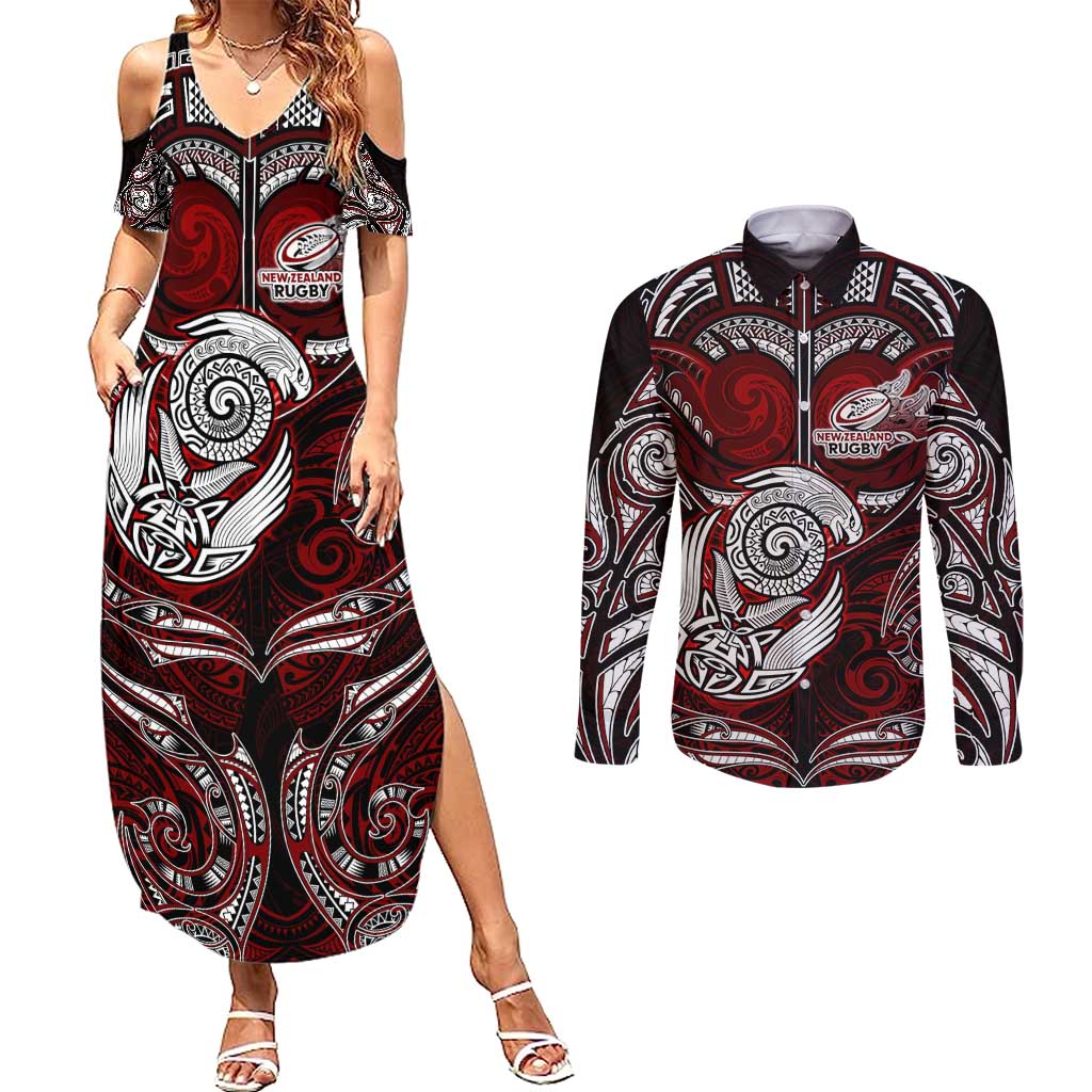 Personalized New Zealand Aotearoa Rugby Couples Matching Summer Maxi Dress and Long Sleeve Button Shirt Maori Fern Tattoo Art DT02 Red - Polynesian Pride