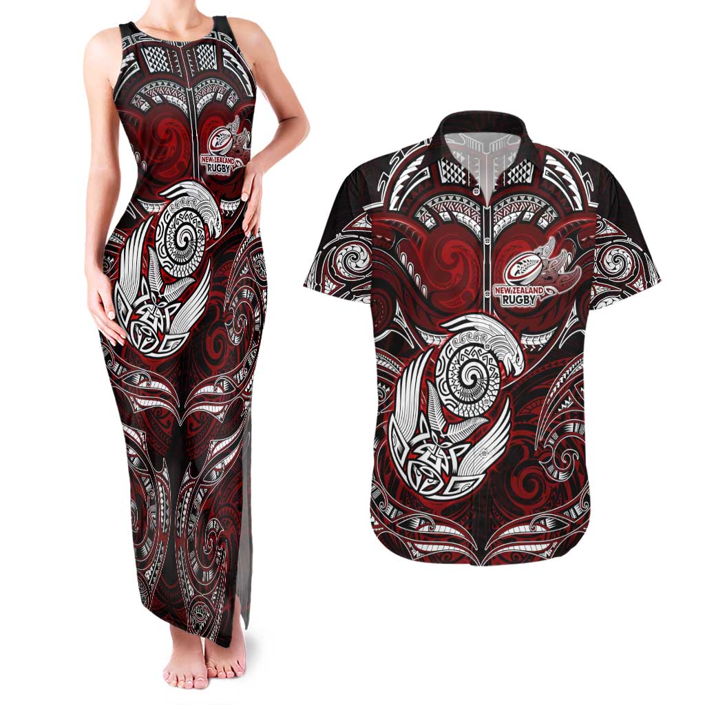 Personalized New Zealand Aotearoa Rugby Couples Matching Tank Maxi Dress and Hawaiian Shirt Maori Fern Tattoo Art DT02 Red - Polynesian Pride