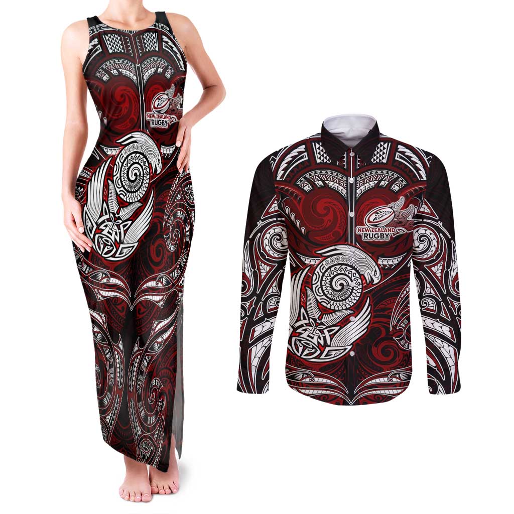 Personalized New Zealand Aotearoa Rugby Couples Matching Tank Maxi Dress and Long Sleeve Button Shirt Maori Fern Tattoo Art DT02 Red - Polynesian Pride
