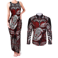 Personalized New Zealand Aotearoa Rugby Couples Matching Tank Maxi Dress and Long Sleeve Button Shirt Maori Fern Tattoo Art DT02 Red - Polynesian Pride