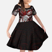 Personalized New Zealand Aotearoa Rugby Family Matching Long Sleeve Bodycon Dress and Hawaiian Shirt Maori Fern Tattoo Art DT02 Daughter's Dress Red - Polynesian Pride