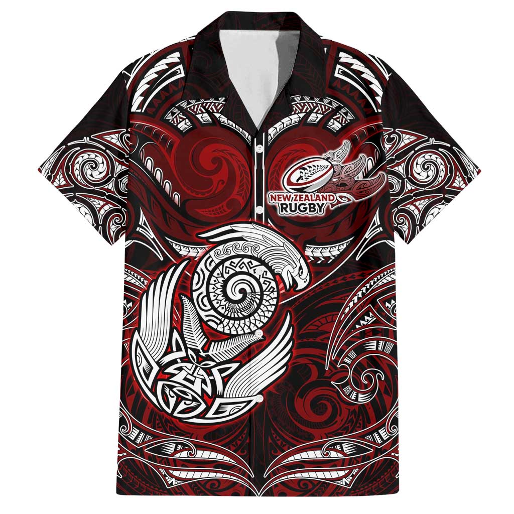 Personalized New Zealand Aotearoa Rugby Family Matching Long Sleeve Bodycon Dress and Hawaiian Shirt Maori Fern Tattoo Art DT02 Dad's Shirt - Short Sleeve Red - Polynesian Pride