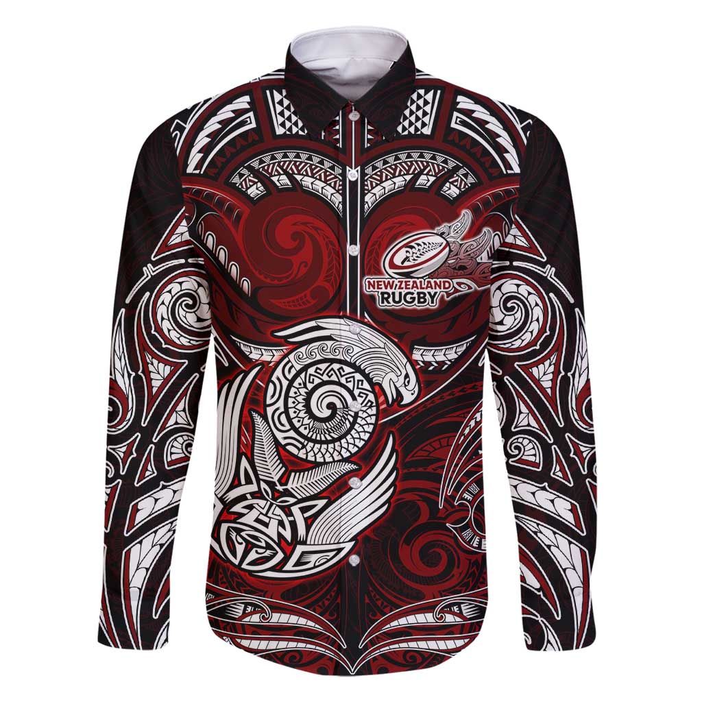 Personalized New Zealand Aotearoa Rugby Family Matching Long Sleeve Bodycon Dress and Hawaiian Shirt Maori Fern Tattoo Art DT02 Dad's Shirt - Long Sleeve Red - Polynesian Pride