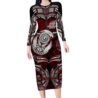 Personalized New Zealand Aotearoa Rugby Family Matching Long Sleeve Bodycon Dress and Hawaiian Shirt Maori Fern Tattoo Art DT02 Mom's Dress Red - Polynesian Pride