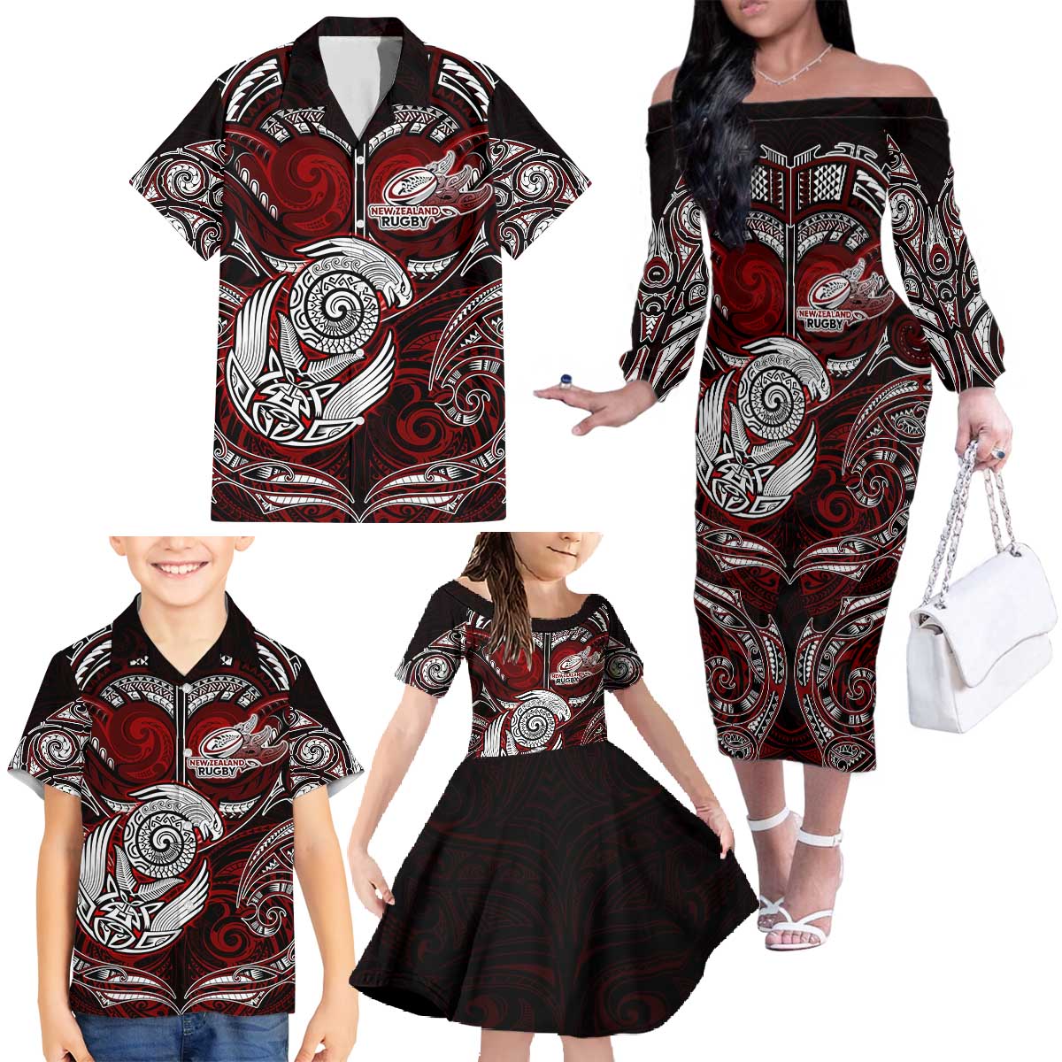 Personalized New Zealand Aotearoa Rugby Family Matching Off The Shoulder Long Sleeve Dress and Hawaiian Shirt Maori Fern Tattoo Art DT02 - Polynesian Pride