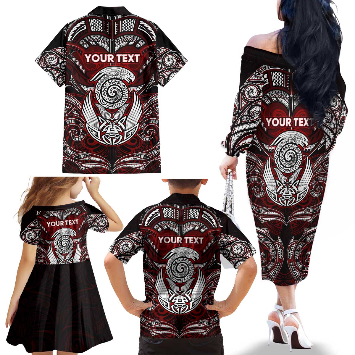 Personalized New Zealand Aotearoa Rugby Family Matching Off The Shoulder Long Sleeve Dress and Hawaiian Shirt Maori Fern Tattoo Art DT02 - Polynesian Pride