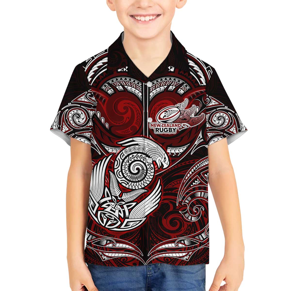 Personalized New Zealand Aotearoa Rugby Family Matching Off The Shoulder Long Sleeve Dress and Hawaiian Shirt Maori Fern Tattoo Art DT02 Son's Shirt Red - Polynesian Pride