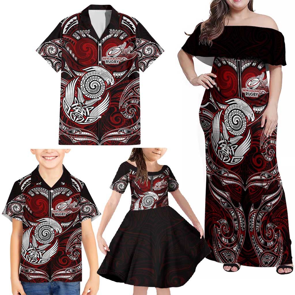 Personalized New Zealand Aotearoa Rugby Family Matching Off Shoulder Maxi Dress and Hawaiian Shirt Maori Fern Tattoo Art DT02 - Polynesian Pride