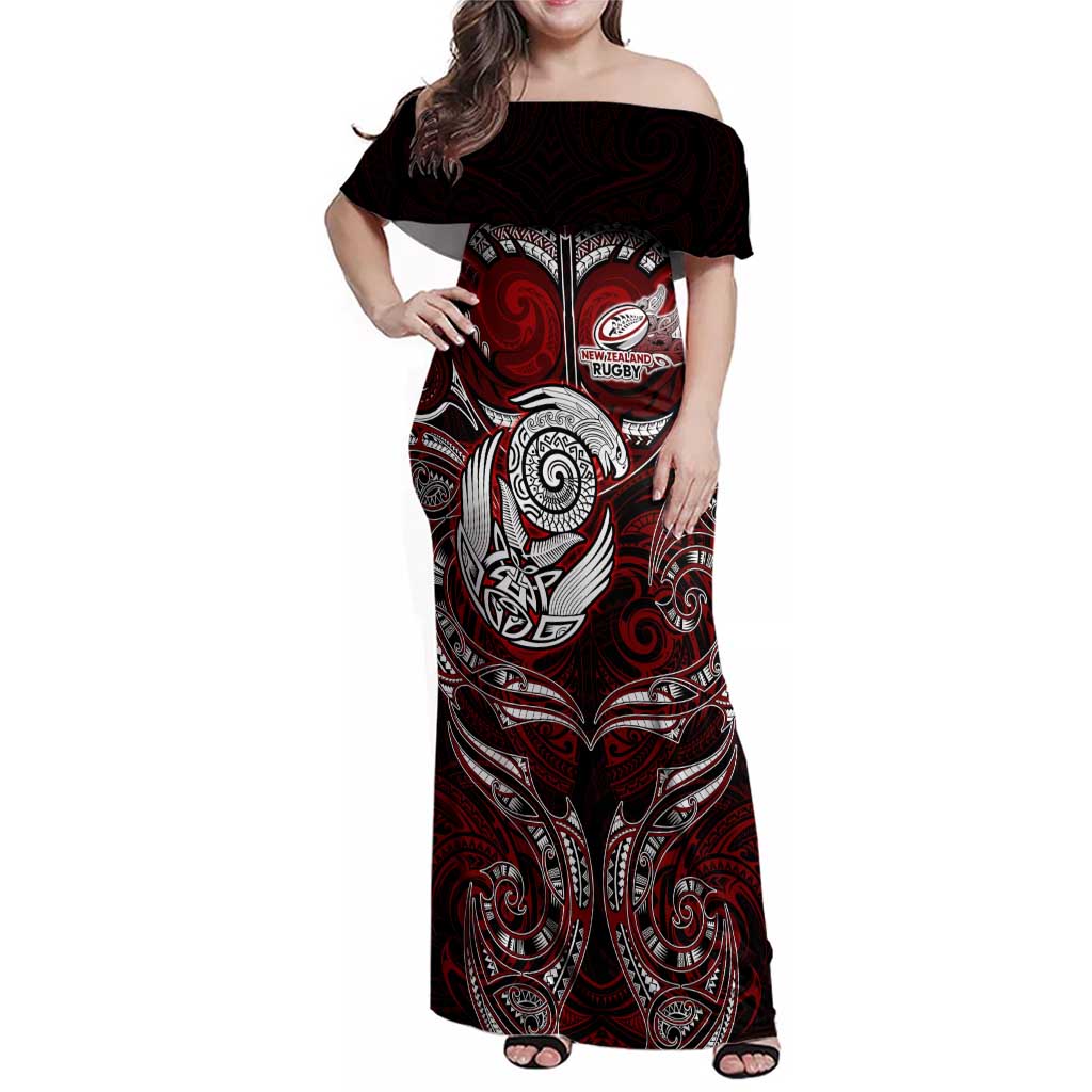 Personalized New Zealand Aotearoa Rugby Family Matching Off Shoulder Maxi Dress and Hawaiian Shirt Maori Fern Tattoo Art DT02 Mom's Dress Red - Polynesian Pride