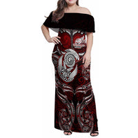 Personalized New Zealand Aotearoa Rugby Family Matching Off Shoulder Maxi Dress and Hawaiian Shirt Maori Fern Tattoo Art DT02 Mom's Dress Red - Polynesian Pride