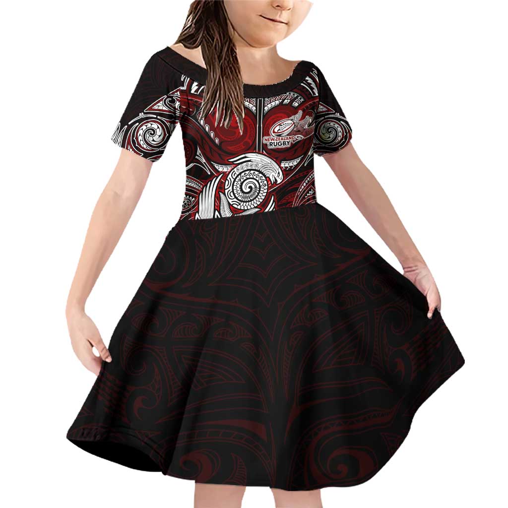 Personalized New Zealand Aotearoa Rugby Family Matching Off Shoulder Short Dress and Hawaiian Shirt Maori Fern Tattoo Art DT02 Daughter's Dress Red - Polynesian Pride