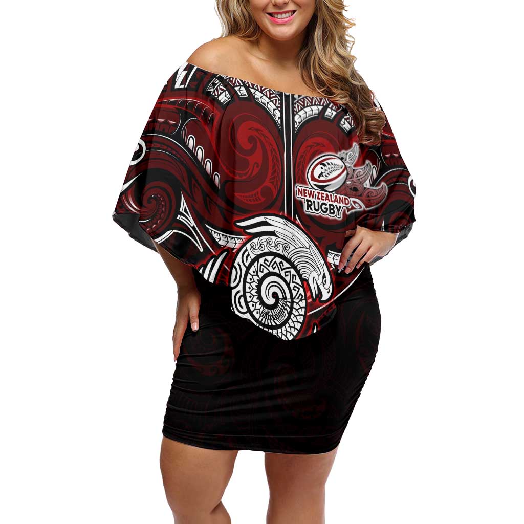 Personalized New Zealand Aotearoa Rugby Family Matching Off Shoulder Short Dress and Hawaiian Shirt Maori Fern Tattoo Art DT02 Mom's Dress Red - Polynesian Pride