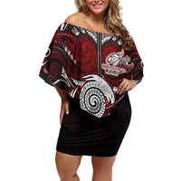 Personalized New Zealand Aotearoa Rugby Family Matching Off Shoulder Short Dress and Hawaiian Shirt Maori Fern Tattoo Art DT02 Mom's Dress Red - Polynesian Pride