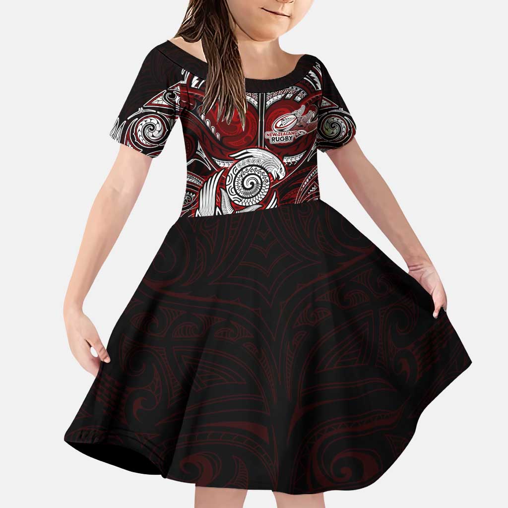 Personalized New Zealand Aotearoa Rugby Family Matching Puletasi and Hawaiian Shirt Maori Fern Tattoo Art DT02 Daughter's Dress Red - Polynesian Pride