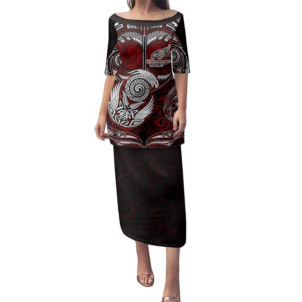 Personalized New Zealand Aotearoa Rugby Family Matching Puletasi and Hawaiian Shirt Maori Fern Tattoo Art DT02 Mom's Dress Red - Polynesian Pride
