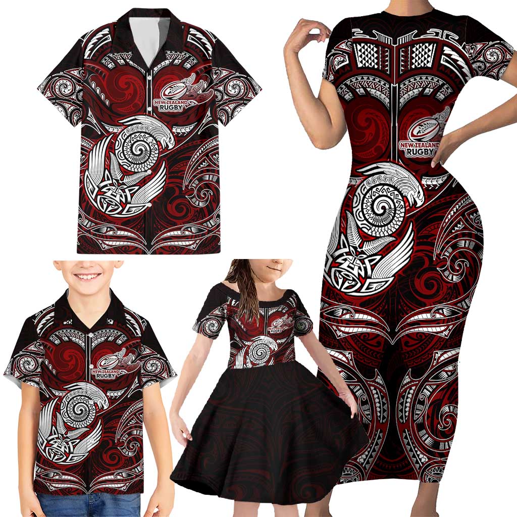 Personalized New Zealand Aotearoa Rugby Family Matching Short Sleeve Bodycon Dress and Hawaiian Shirt Maori Fern Tattoo Art DT02 - Polynesian Pride