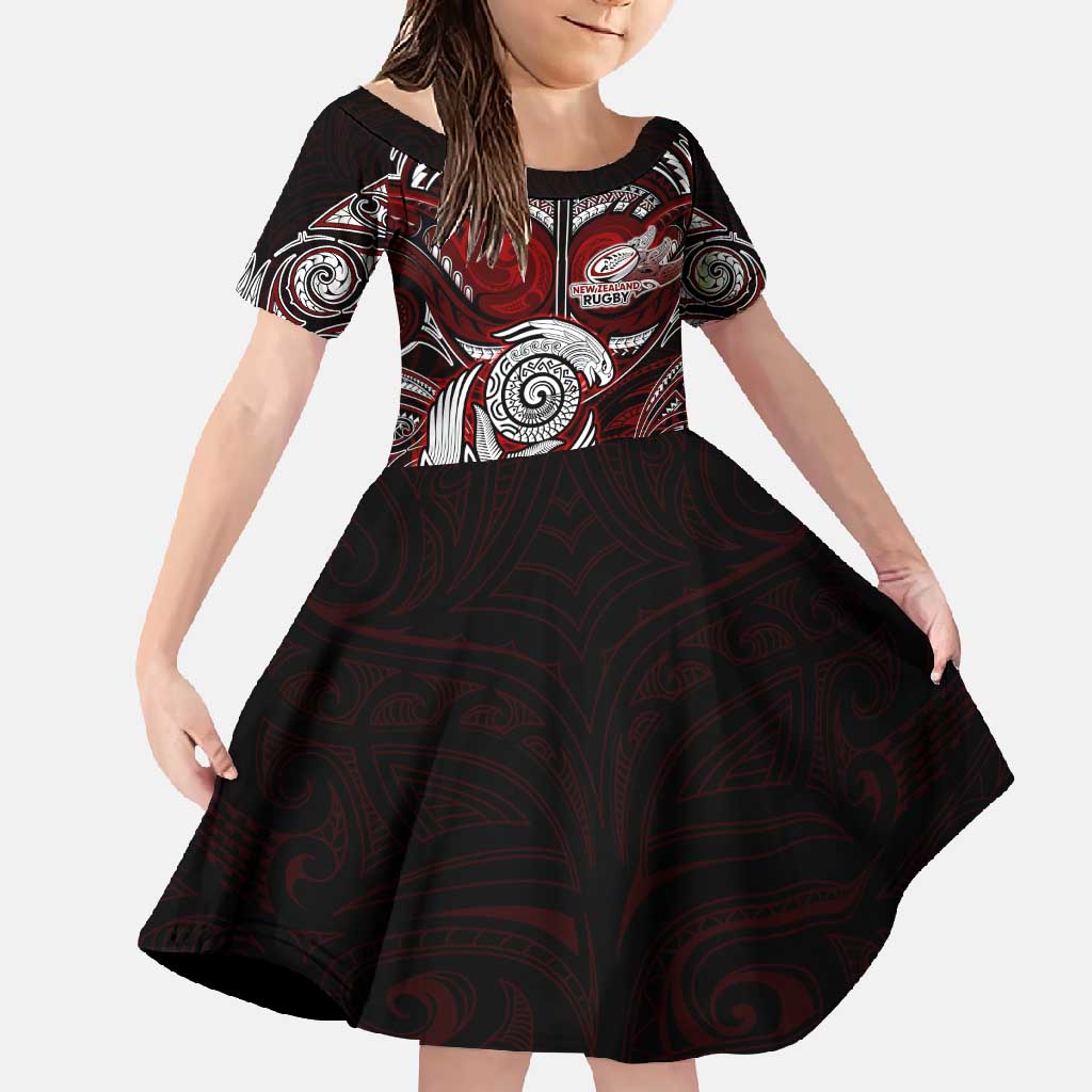 Personalized New Zealand Aotearoa Rugby Family Matching Summer Maxi Dress and Hawaiian Shirt Maori Fern Tattoo Art DT02 Daughter's Dress Red - Polynesian Pride