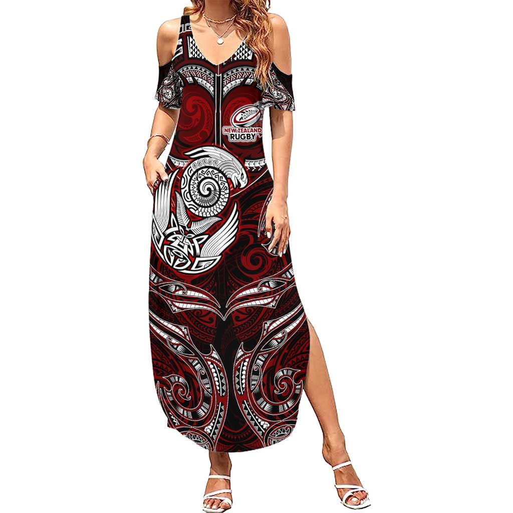 Personalized New Zealand Aotearoa Rugby Family Matching Summer Maxi Dress and Hawaiian Shirt Maori Fern Tattoo Art DT02 Mom's Dress Red - Polynesian Pride