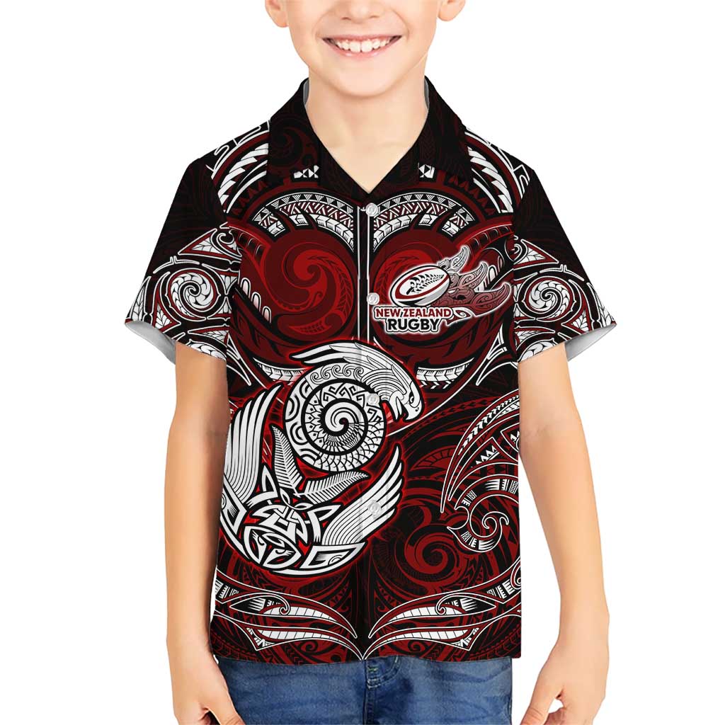 Personalized New Zealand Aotearoa Rugby Kid Hawaiian Shirt Maori Fern Tattoo Art