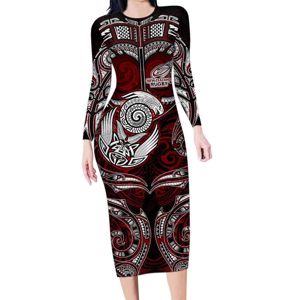Personalized New Zealand Aotearoa Rugby Long Sleeve Bodycon Dress Maori Fern Tattoo Art DT02 Long Dress Red - Polynesian Pride