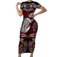 Personalized New Zealand Aotearoa Rugby Short Sleeve Bodycon Dress Maori Fern Tattoo Art DT02 Long Dress Red - Polynesian Pride