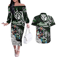 Personalized NZ Aotearoa Rugby Couples Matching Off The Shoulder Long Sleeve Dress and Hawaiian Shirt New Zealand Silver Fern DT02 Green - Polynesian Pride