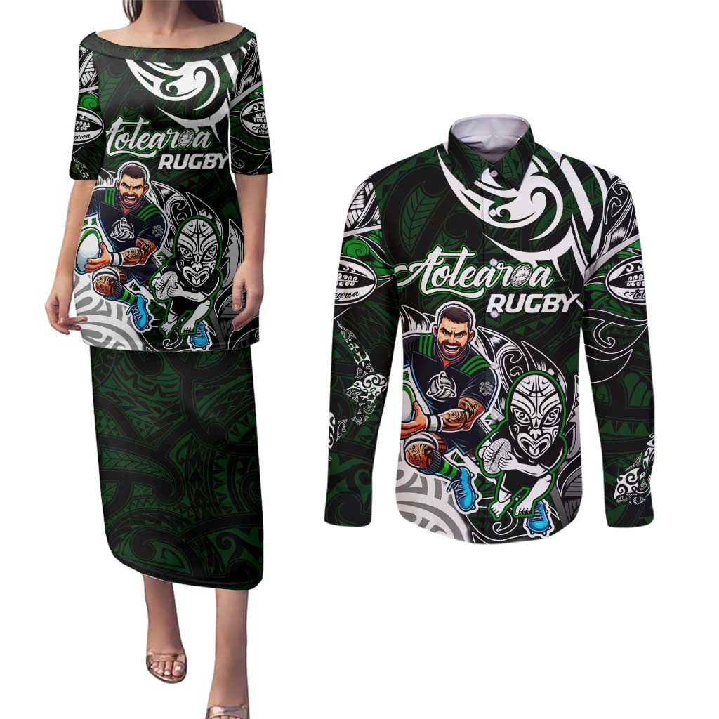Personalized NZ Aotearoa Rugby Couples Matching Puletasi and Long Sleeve Button Shirt New Zealand Silver Fern