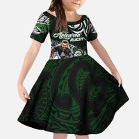 Personalized NZ Aotearoa Rugby Family Matching Off The Shoulder Long Sleeve Dress and Hawaiian Shirt New Zealand Silver Fern DT02 Daughter's Dress Green - Polynesian Pride