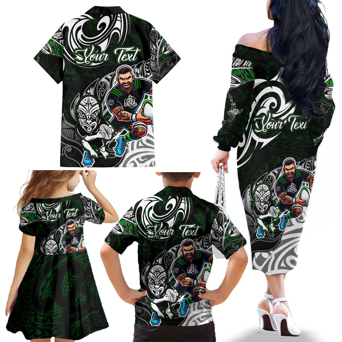 Personalized NZ Aotearoa Rugby Family Matching Off The Shoulder Long Sleeve Dress and Hawaiian Shirt New Zealand Silver Fern DT02 - Polynesian Pride